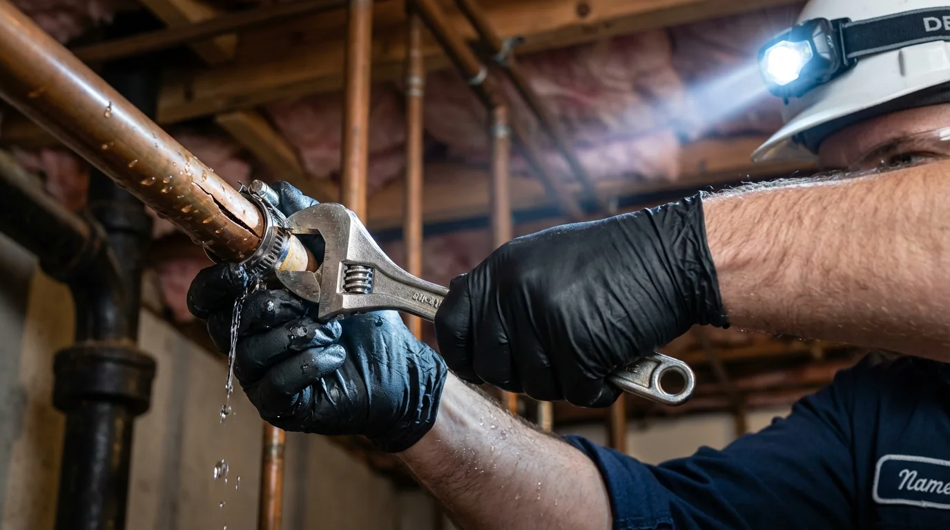Emergency pipe clamp repair being performed by a Johns Plumbing LLC plumber in Isabela