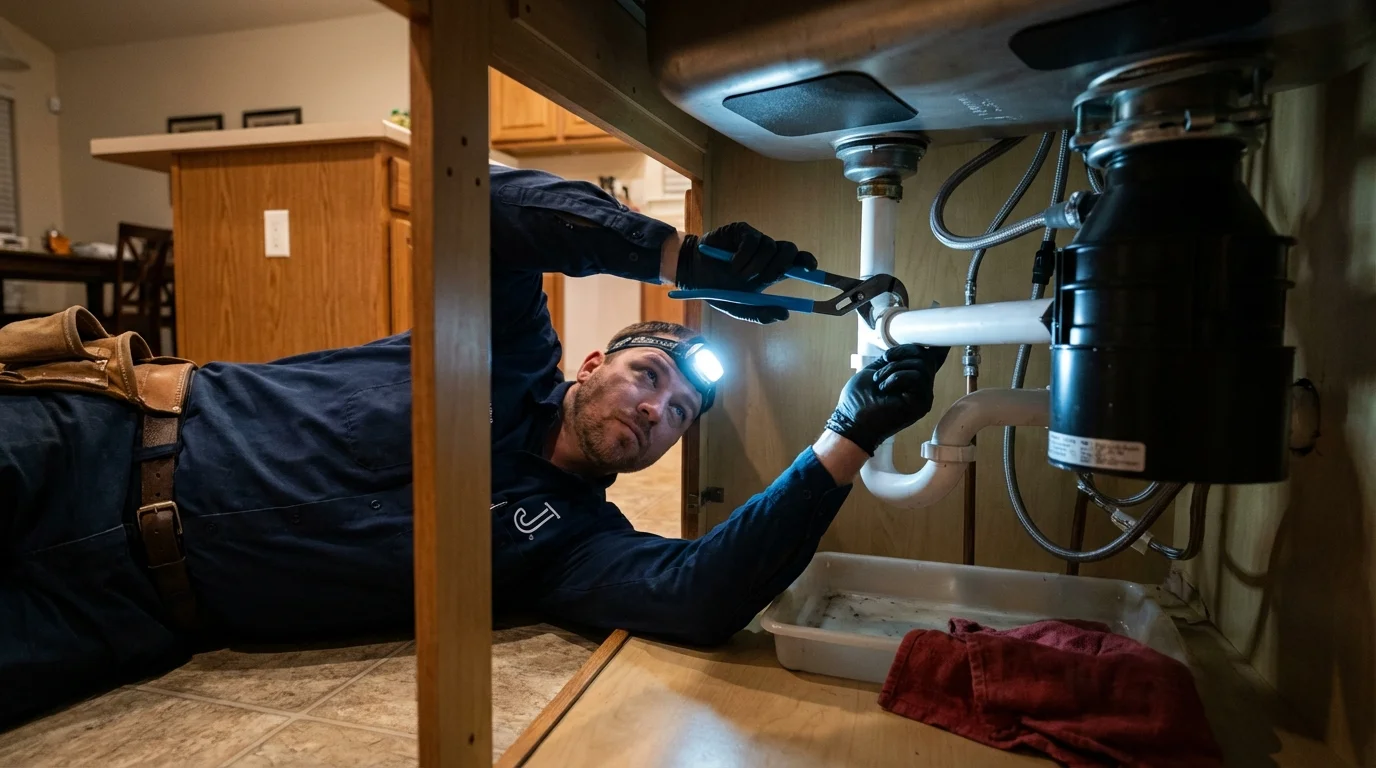 P-trap and supply line connections under a kitchen sink showing a common leak point in Isabela, PR